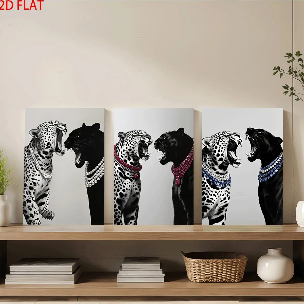 2D 3-piece wooden framed canvas wall art - The three panels feature a leopard wearing a necklace and the roar of a black panther, perfect for aesthetic wall decoration in living rooms, offices, cafes, etc. - An ideal gift for family and friends on Father'