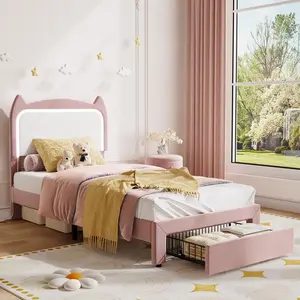 Twin Bed Frame with LED Lights, Cute Cat Ear Velvet Upholstered Kids Bed with Storage Drawer, Smart APP/Remote Control RGB Headboard, No Box Spring Needed, Soft Backrest Platform Bed for Girls, Pink & White