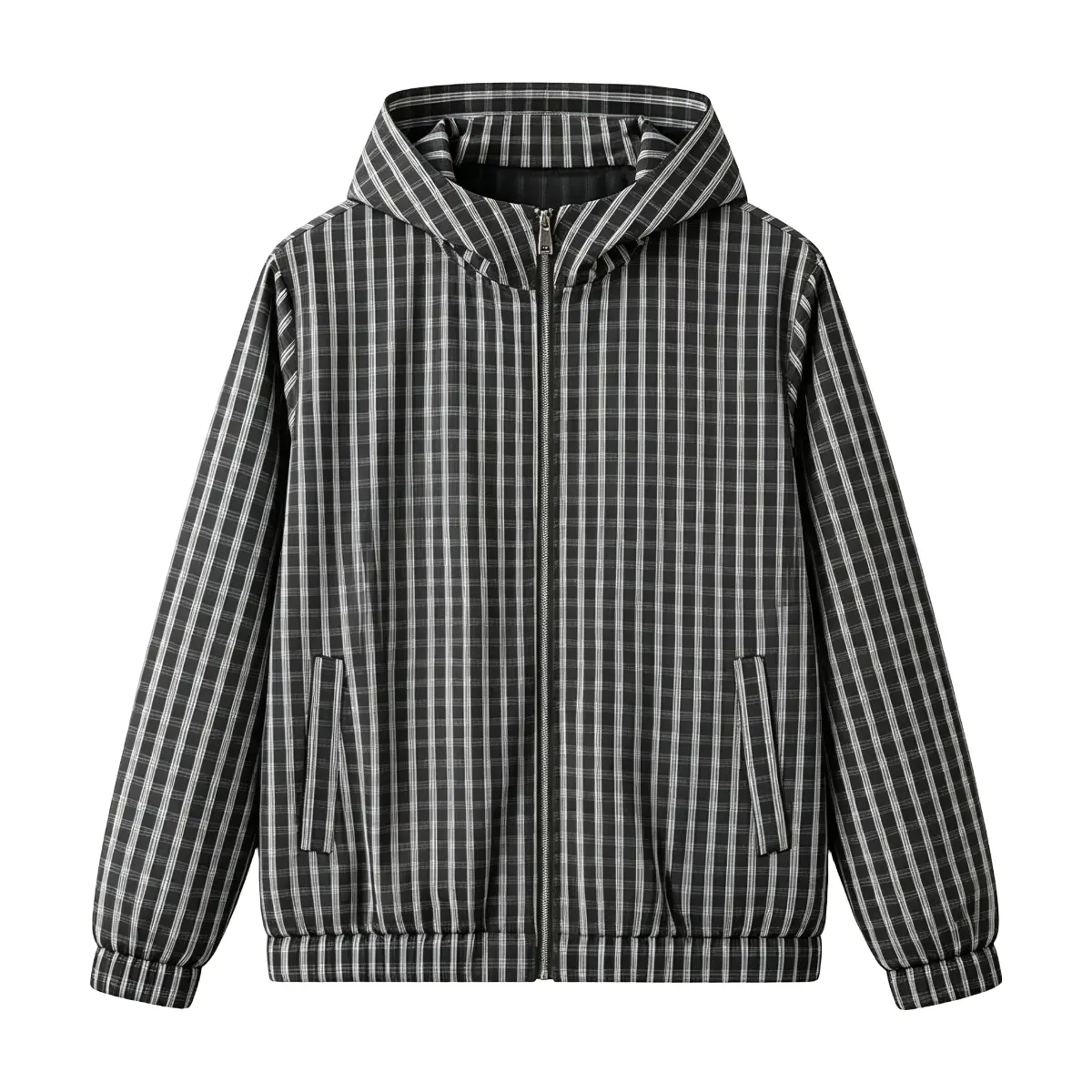 Men's Classic Plaid Hooded Windbreaker Jacket - Full-Zip Long Menswear Tops, Lightweight Fabric Outerwear with Side Pockets, Ribbed Hem, Cuffs, Breathable Mesh Lining, Regular Fit for Fall Casual Daily Use, 100% Polyester