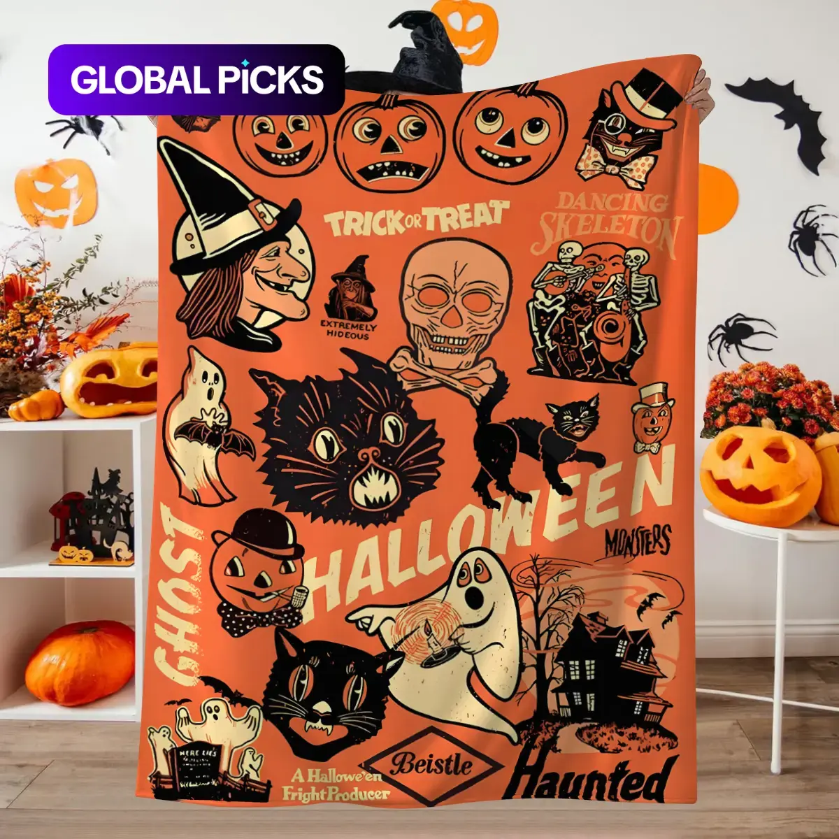 1pc retro style Halloween blanket, scary witch, ghost, pumpkin head printed flannel blanket, soft and comfortable blanket, Halloween gift blanket, Flannel Throw Blankets, Graphic Throw Blanket, Cozy Warm Blanket