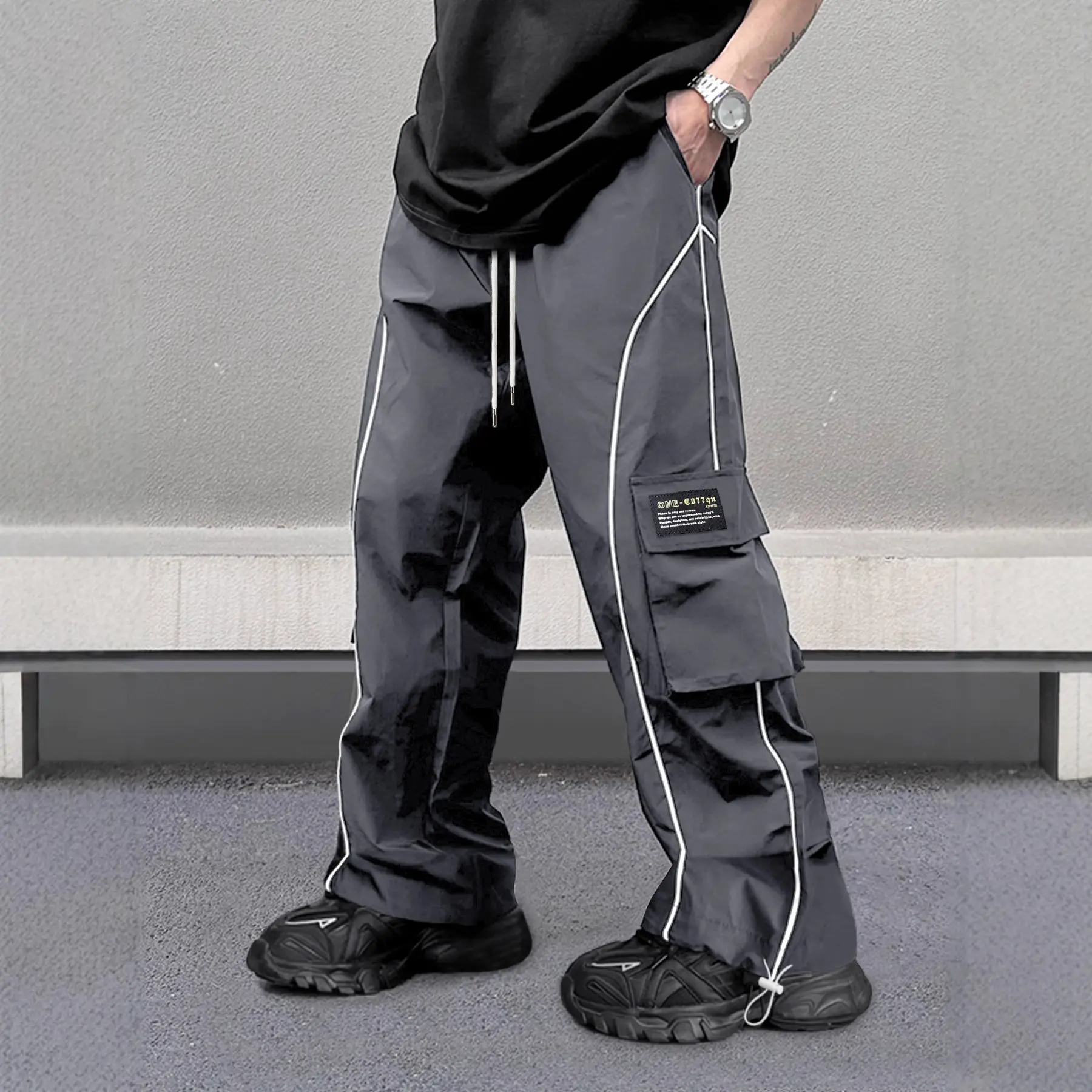 Men's Loose-Fit Cargo Pants with Cargo Pockets - Curved Stripe, Drawstring Waist, Floor-Length Summer Jogger Bottoms, Machine Washable, Note: Purchase 1 Size Up, Synthetic Weave, Wide-Leg Pants