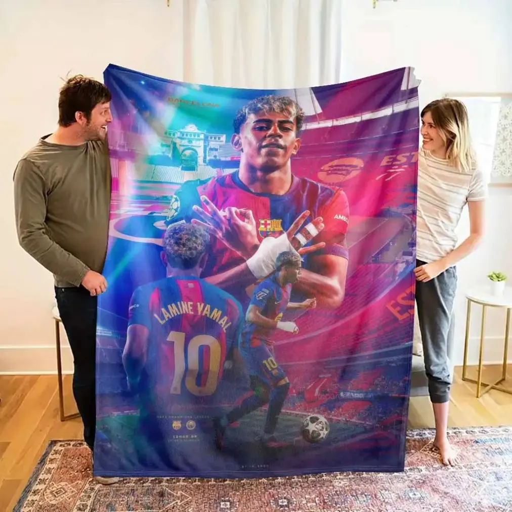 Barcelona Stadium Flannel Blanket with Soccer Player Print Design Soft Warm Lightweight Cozy Texture Perfect for Bedroom Living Room Office Sports Fan Gift Travel Home Decoration Use