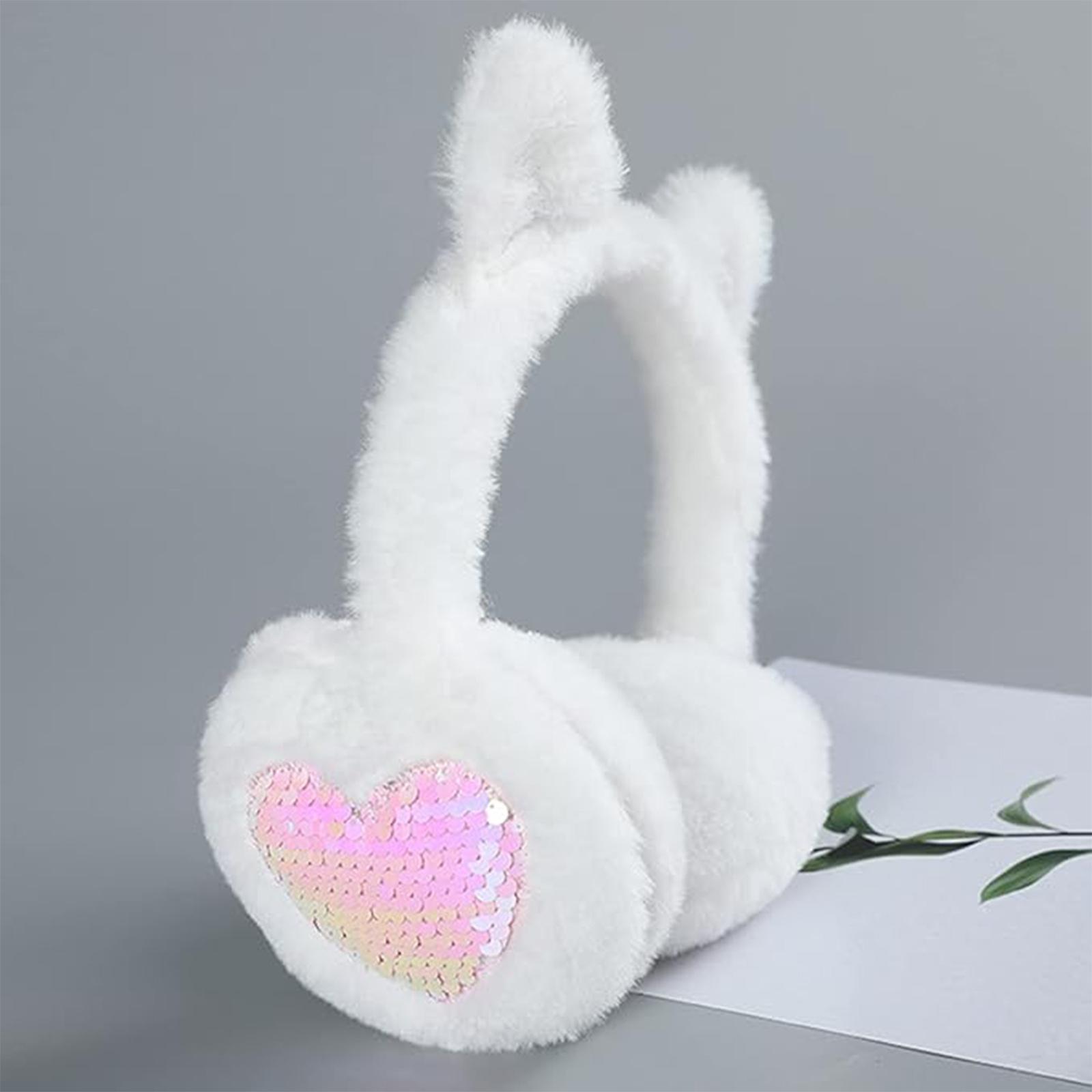 Cozy Unicorn Ear Muffs for Women - Soft Faux Fur Winter Ear Warmers with Sparkling Sequin Heart Design, White Plush Rabbit Ears, Polyester, Casual Style