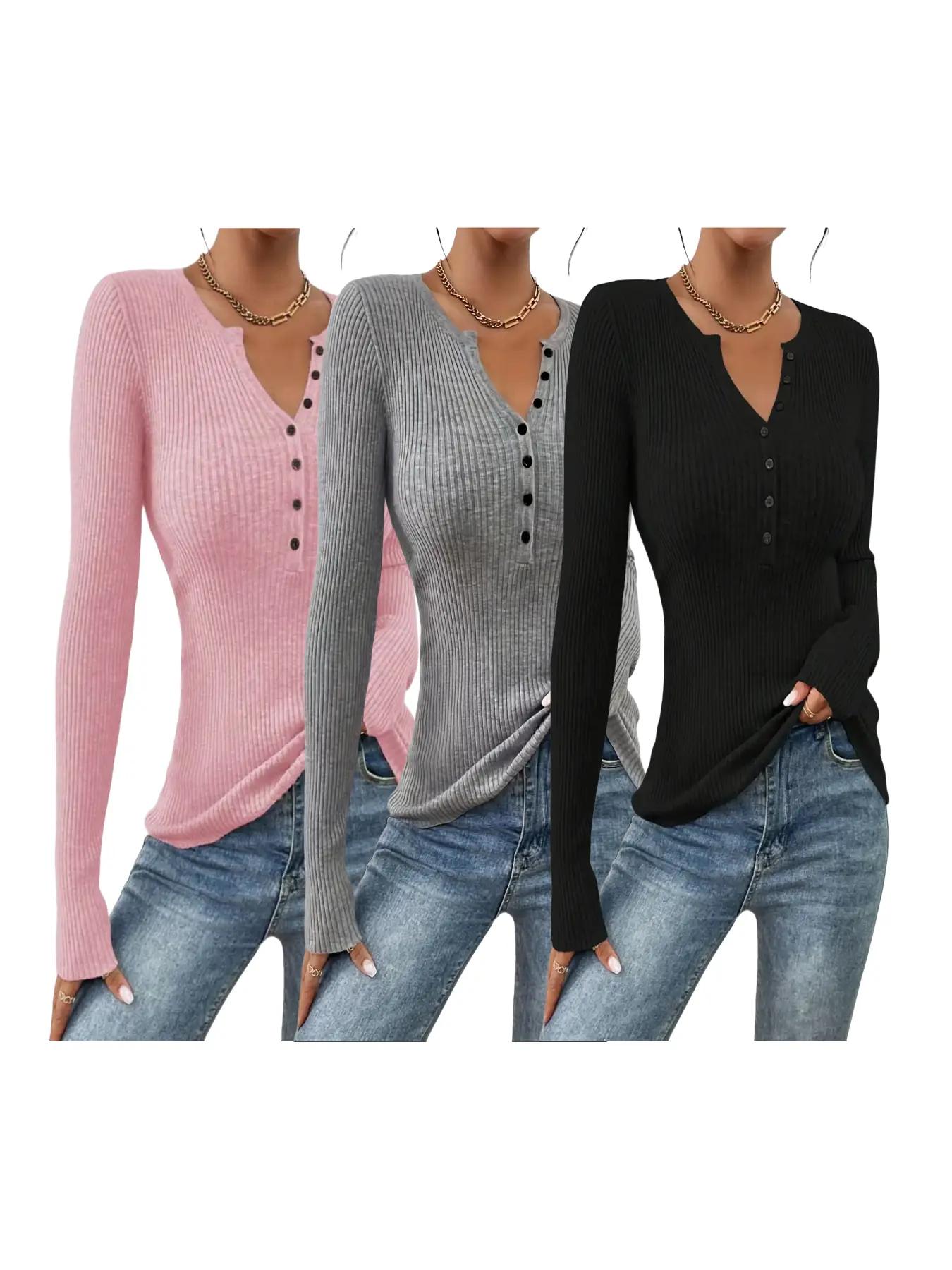 Women's Plain Button-Front Ribbed Sweater, Elegant Chic Slim Fit Long Sleeve Round Neck Jumper for Spring, Fashion Ladies' Knitwear for Daily Wear, Slim Fit Sweater for Women
