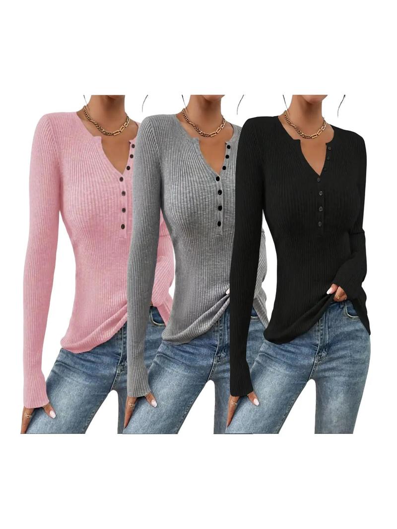 Women's Plain Button-Front Ribbed Sweater, Elegant Chic Slim Fit Long Sleeve Round Neck Jumper for Spring, Fashion Ladies' Knitwear for Daily Wear, Slim Fit Sweater for Women