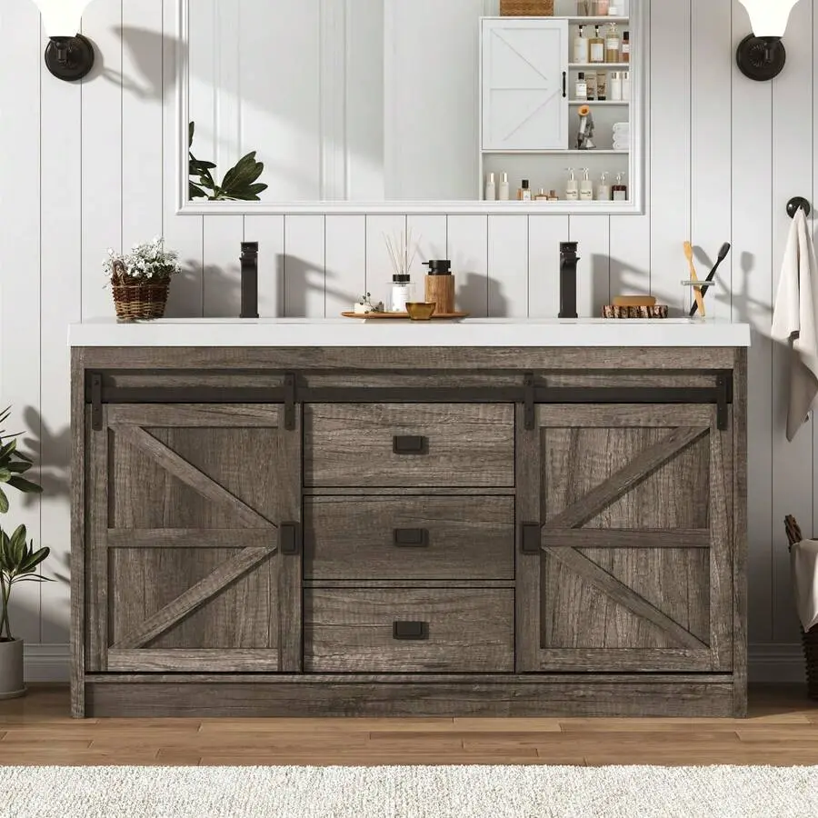 59 Inch Double Sink Bathroom Vanity Set, Farmhouse Cabinet With Barn Door & 3 Drawers, Includes Ceramic Sinks, Faucets And Drain Kits