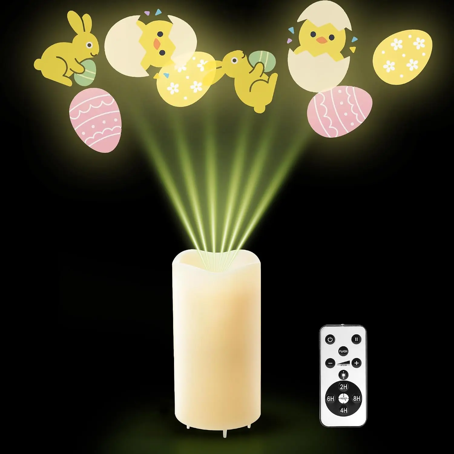 Easter Decorations Flameless Candle Projector – LED Pillar Candle with Bunny, Chick & Egg Projection Lights |Remote Control & Timer, Easter Basket Stuffer
