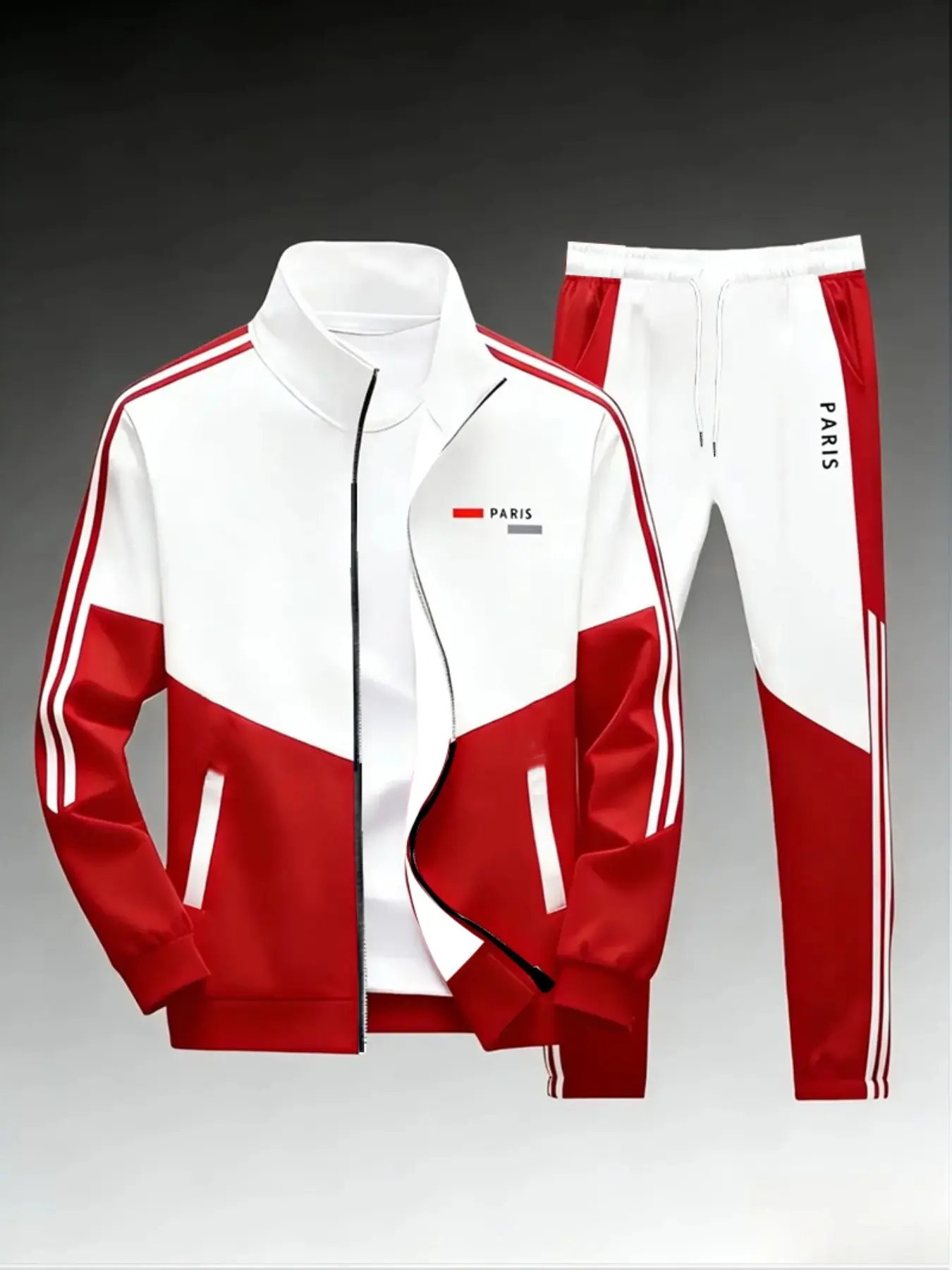 Men's Paris Logo Sport Set, Stand Collar Zipper Jacket with Drawstring Pants, Side Stripe, Casual Retro Fitness