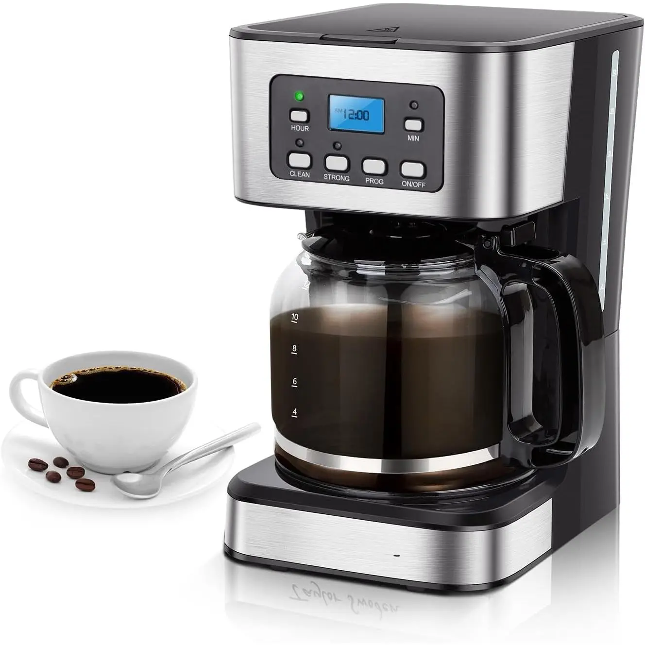 12-Cup Programmable Coffee Maker, Regular & Strong Brew Drip Coffee Machine for Home and Office, Glass Carafe, Pause & Serve, Auto Shut Off, Black & Stainless Steel