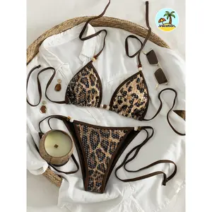 2pcs Set Beach Seaside Vacation Split Swimsuit with Halter Neck Tie, Leopard Print Sequins and Beaded Accents, Side Ties, Back Tie, Women's Bikini Set Swimwear