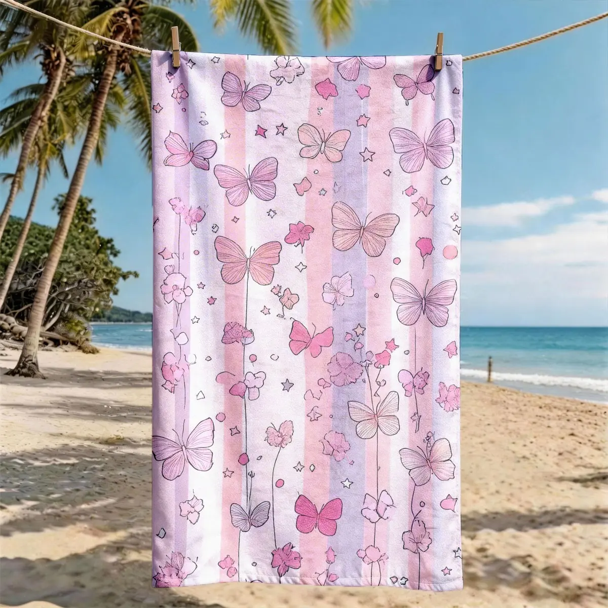 "Pink Purple Striped Hand Drawn Butterfly" Theme Beach Towel, Oversized, Quick Dry & Ultra-Soft Polyester, Ideal for Travel, Swimming, Camping, Fitness and Beach Vacations, Machine Washable, 2D Flat, The Perfect Gift for Friends and Family.
