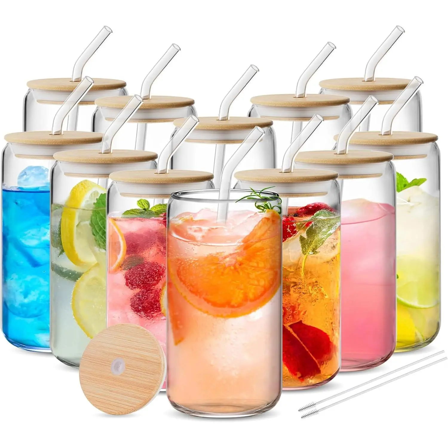 16oz Large Capacity Clear Round Glass Cups 12 Pack With Bamboo Lids Bent Straws Brushes Home Office Beverage Cup Set For Milk Tea