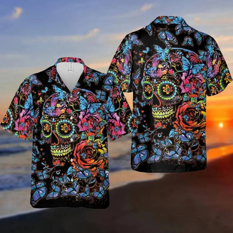 Skull Floral Pattern Hawaiian Shirt, Skull Lovers Summer Shirt, Hawaiian Aloha Shirt, Summer Party Gift, Skull Aloha Shirt, Skull Lovers