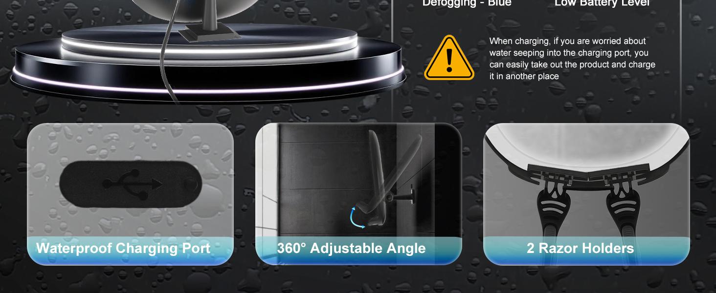 Shaving Mirror for Shower Fogless, Heated Anti-Fog Mirror with 3-Color Dimmable LED Lights, 360° & 2 Weeks Runtime 5000mAh, Shower Mirror for Shaving Men, 2 Razors Holders