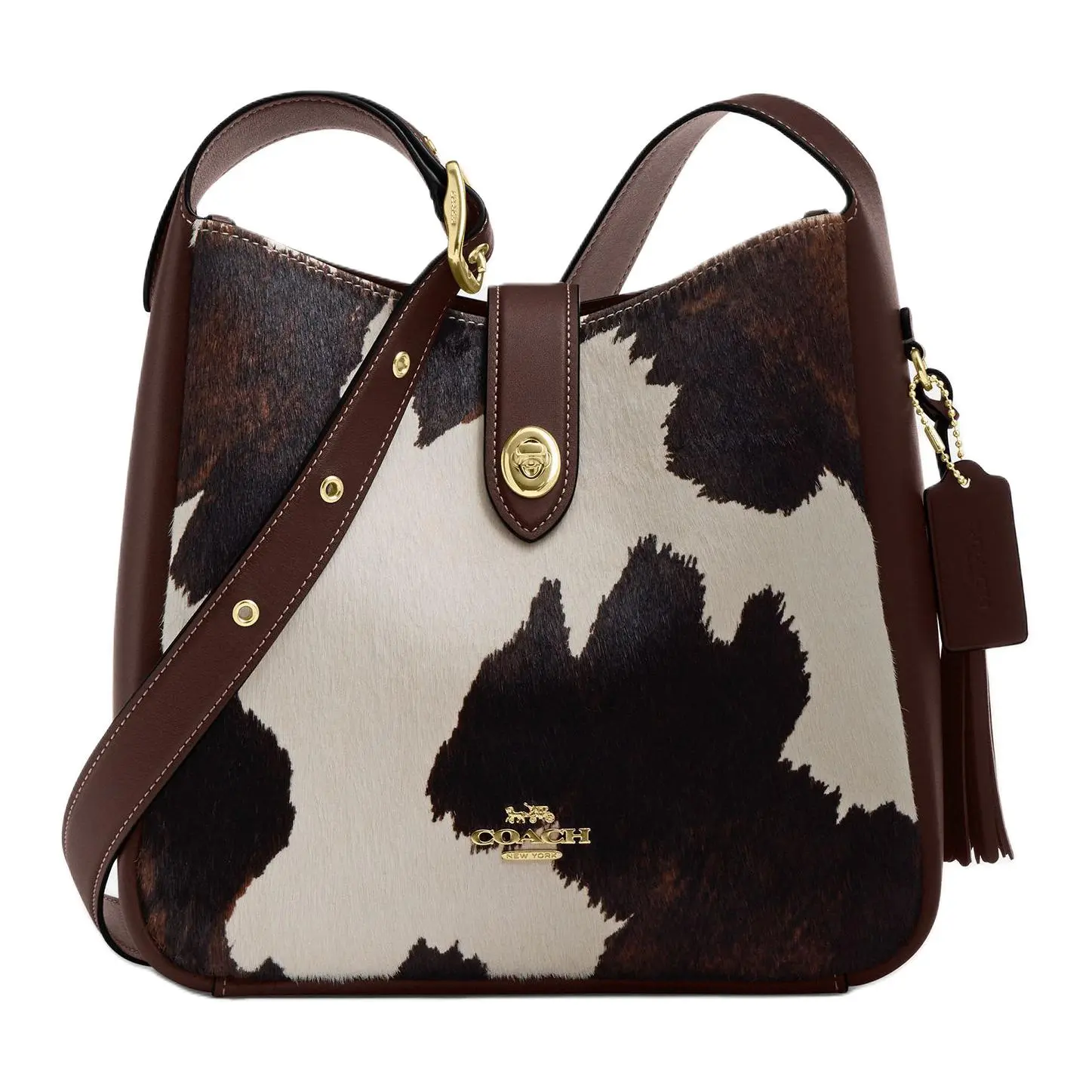 COACH Hadley 25 Crossbody Shoulder Bag for Women, Printed Fringe and Turn-Lock Design, Cow Hair and Leather Blend, Brown