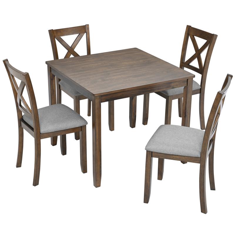 5 Piece Modern Dining Set, Square Wooden Dining Table with 4 Upholstered Chairs for Kitchen, Dining Room, Walnut