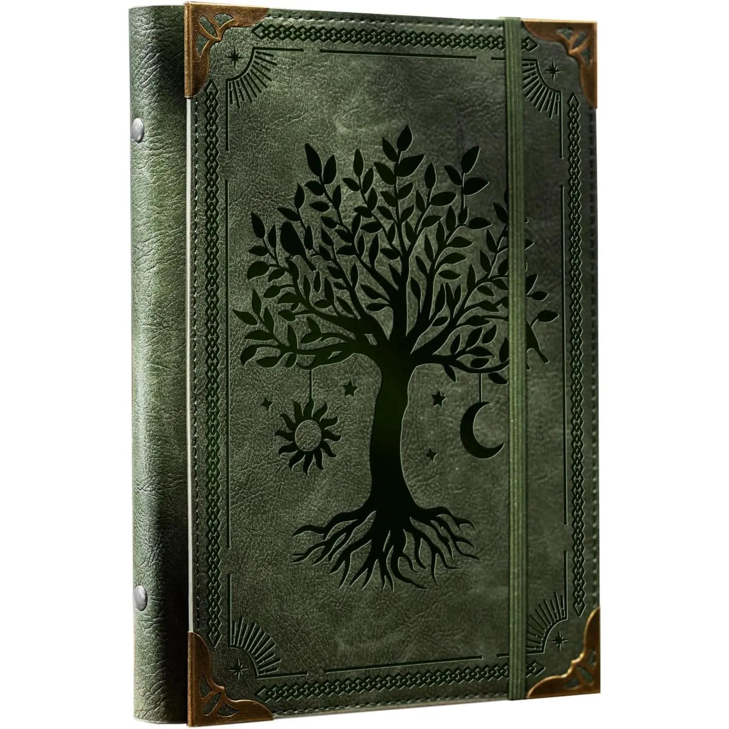 PU Leather A6 Binder 6 Ring Mini Journal Cover Binder 5.5”x7.5” | No Inserts A6 Planner Loose Leaf Binder Refillable Notebook Binder with Elastic Closure, Green Tree