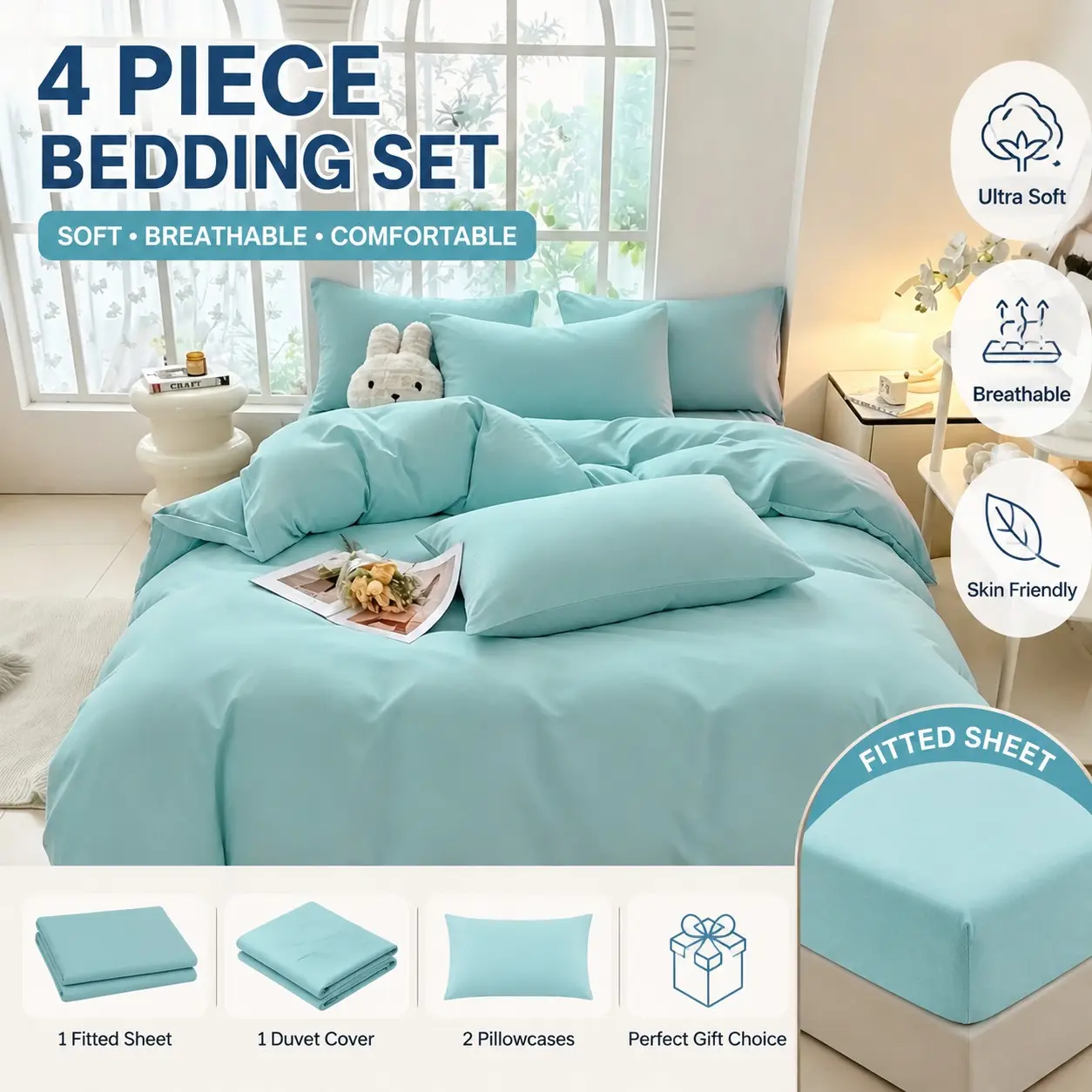 4pcs Duvet Cover Set, Bedding Set, Includes Duvet Cover, Fitted Sheet, 2 Pillowcases, Breathable Soft Comforter, All Seasons,Machine Washable