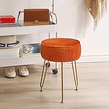 Velvet Round Footrest Stool Ottoman, Makeup Vanity Stool Side Table, Velvet Dressing Table Seat, Pouf Couch Stool, Golden Steel Legs, Orange