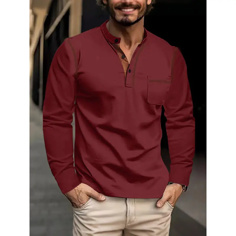 Lightweight Breathable Spring Fall American Style Loose Fit Men's Vintage Colorblock Long Sleeve Outdoor Henry T-Shirt, Casual Daily Wear