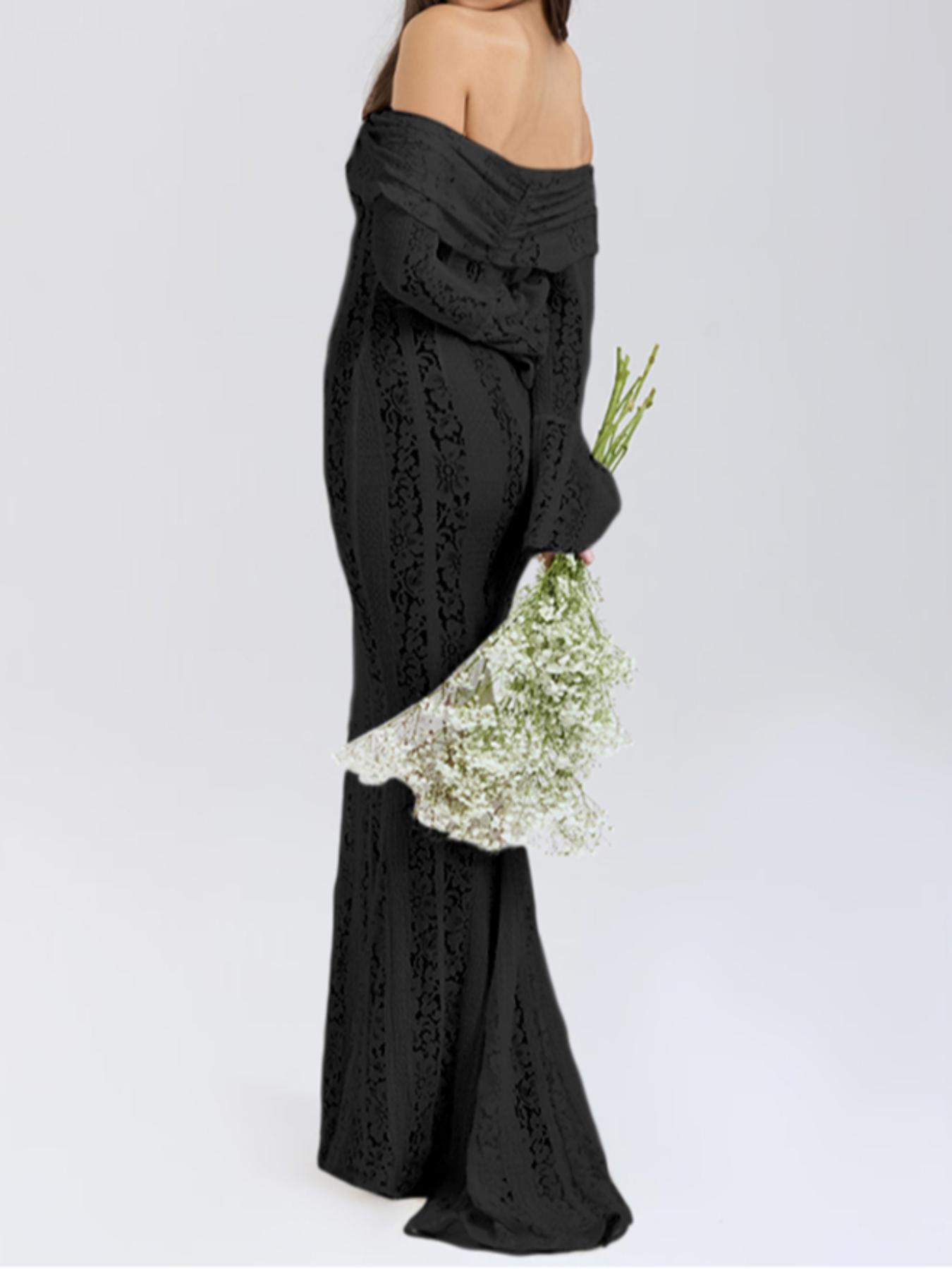 Women's Off The Shoulder Tie Front Lace Bodycon Dress, Elegant Long Sleeve Flounce Sleeve Zipper Back Maxi Dress for Party Holiday Wedding Guest, Ladies Spring & Fall Clothes,  Bridal Attire Valentine's Day, gift