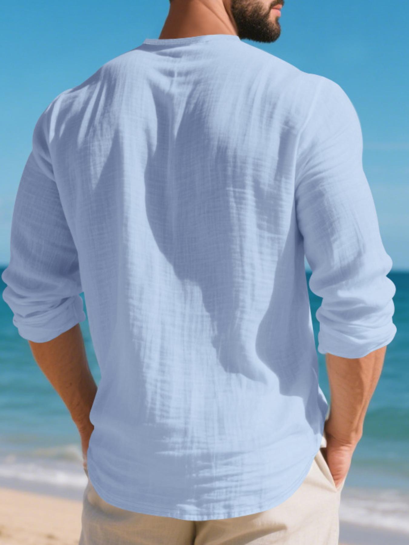 Men's V Neck Linen Shirt Casual Loose Fit Long Sleeve Top, Breathable Thin Fabric for Spring & Fall, Perfect for Beach Vacation