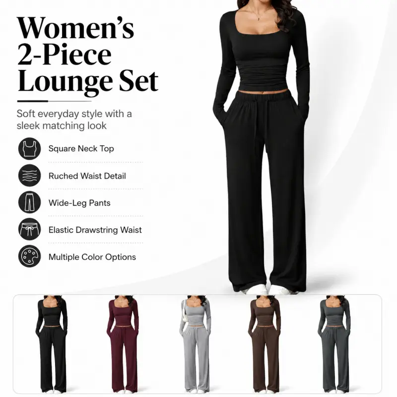 New casual pantsuit with square collar, long-sleeved short top, European and American women's sportswear