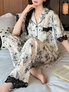 Summer Short Sleeve Sleepwear Set for Women, Ink Painting Lace Trim Cardigan, Comfortable Home Wear, Stylish Nightgown