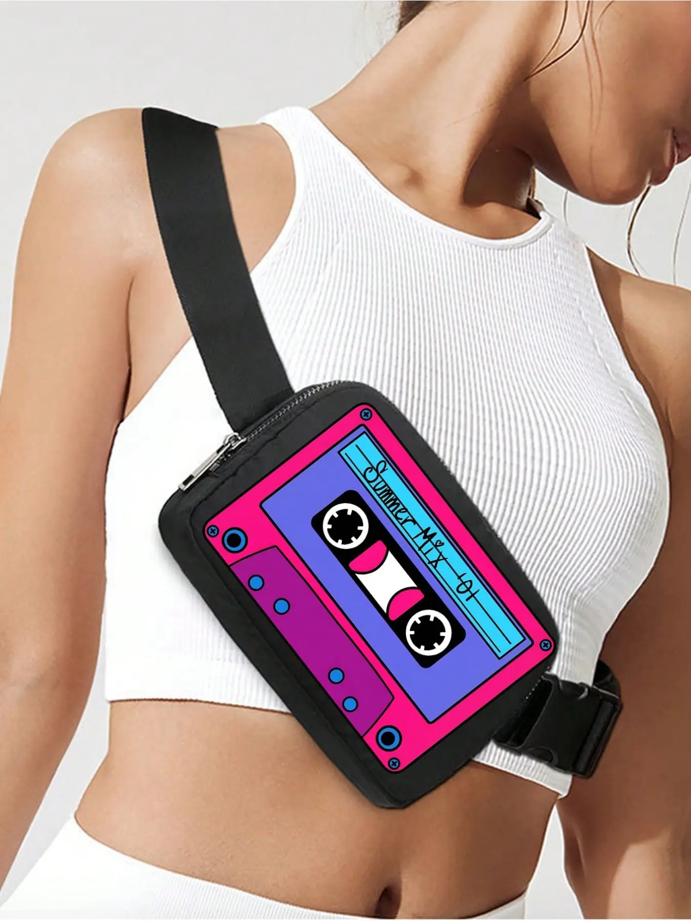 Vintage Cassette Tape Chest Bag, Waterproof Outdoor Crossbody Sling Bag & Waist Fanny Pack with Adjustable Strap and Zipper Closure, Unisex Shoulder Bag for Phone, Wallet and Keys, Perfect for Running, Travel, Gym, Festivals & Daily Casual Use