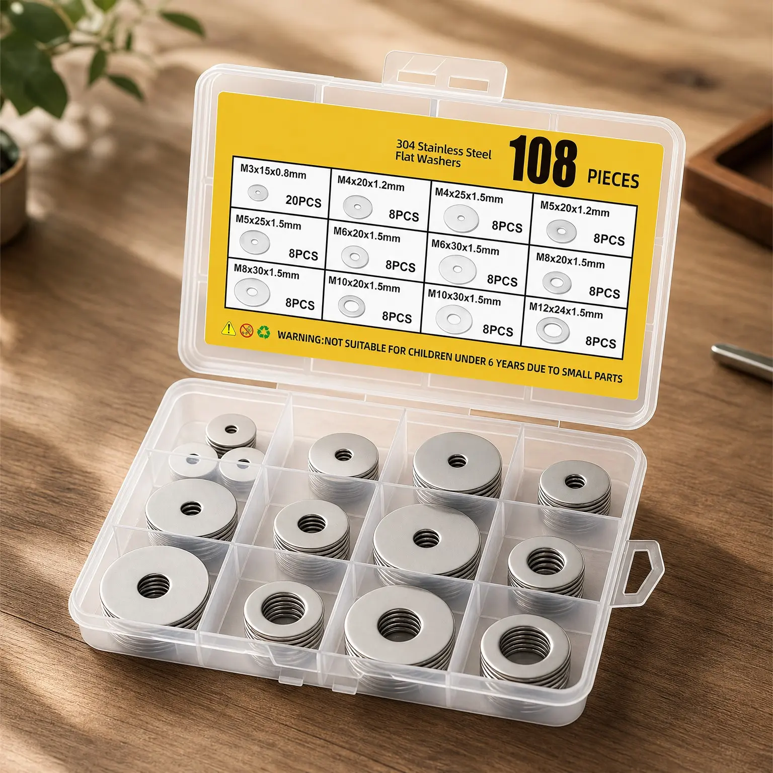108PCS Flat Washers Assortment Kit, 304 Stainless Steel Fender Washers, 12 Metric Sizes M3 M4 M5 M6 M8 M10 M12, Metal Washers for Screws and Bolts, Automotive Industrial Home UseGift