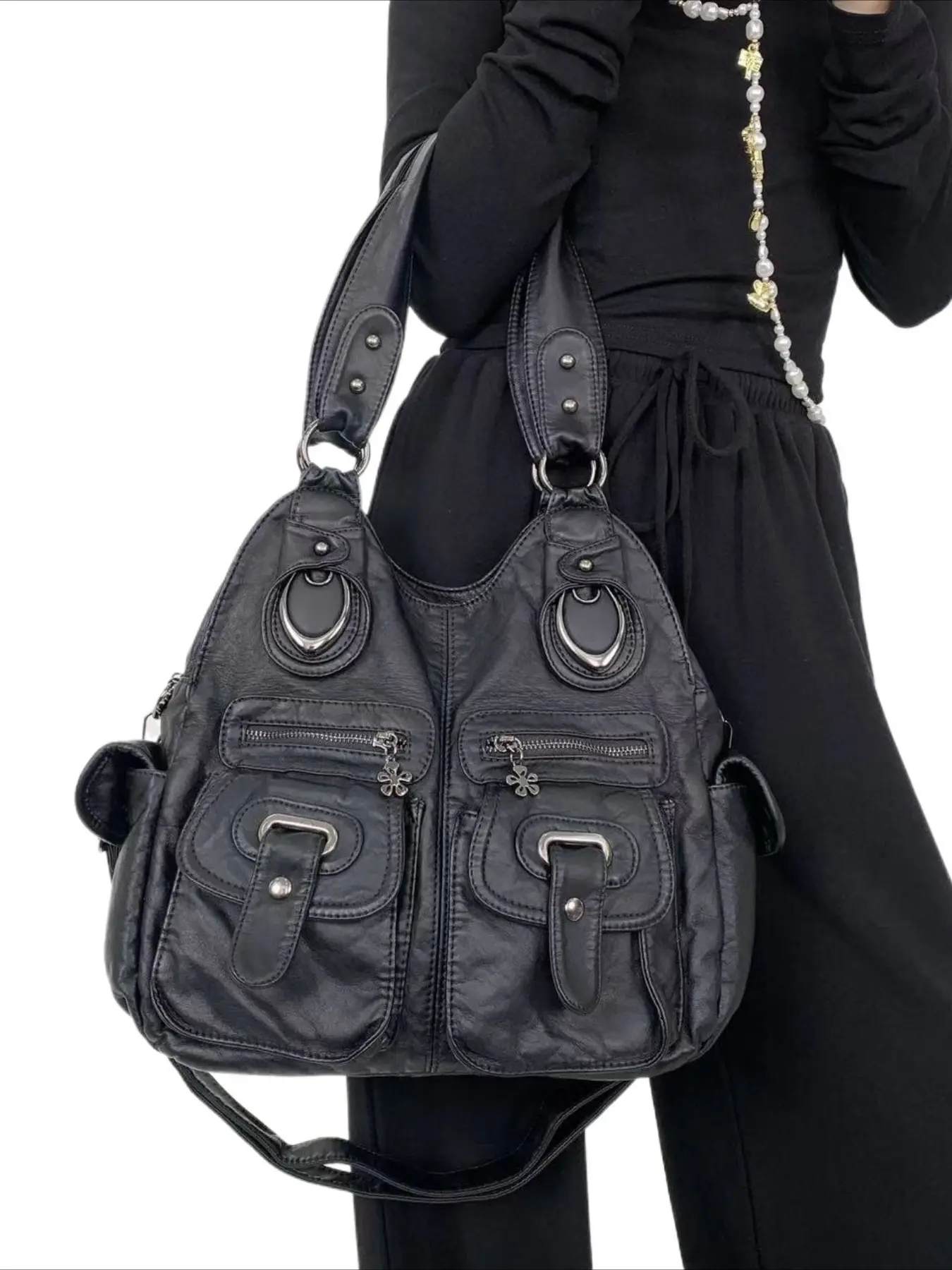 Ladies' retro motorcycle handbag, washed spicy girl wasteland style multi pocket shoulder bag with detachable shoulder strap, fashionable large capacity diagonal cross bag, personalized street Y2K handbag, rivet design, suitable for daily commuting,