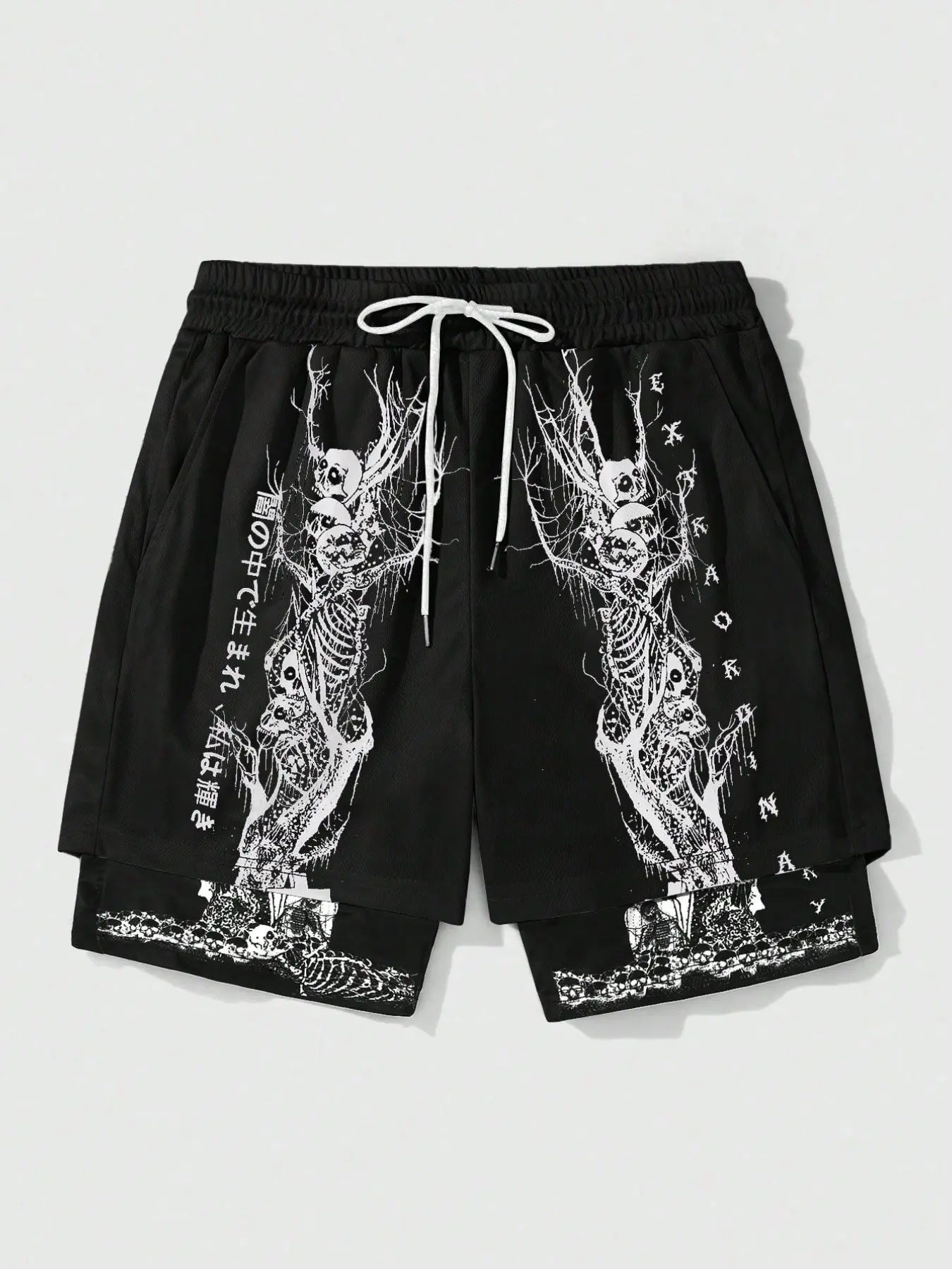 Gothic Skull Tree Print Dual Layer Mesh Shorts, Millennium Dark Punk Street Style, Men's Slim Fit Inner Pants, Hip Hop Skateboard Summer Five-Pocket