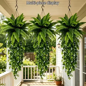3-Piece 31-Inch Artificial Faux Greenery Set, UV-Resistant Boston Fern Hanging Plant, Weatherproof Low-Maintenance Outdoor Decor, Ideal for Summer, Weddings, Gardens