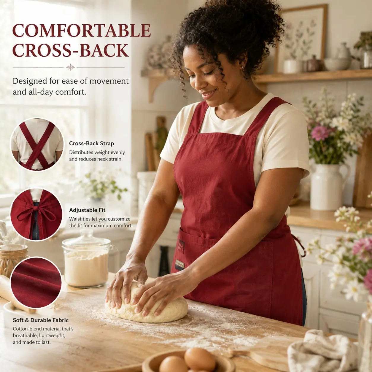 1PCS Cross Back Strap Apron Cotton Linen No Tie Kitchen Smock with Pocket, Lightweight Breathable Work Apron for Barista Cafe Baking Gardening Craft Cleaning, Summer Winter Essentials, Xmas Halloween Birthday Gift for Mom Wife Mothers Fathers