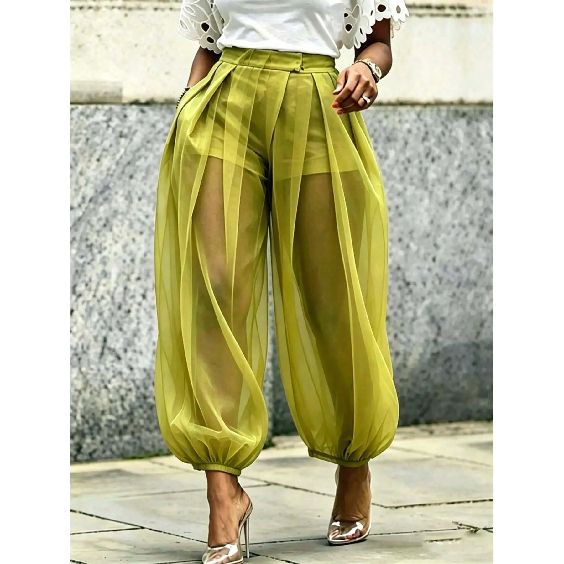 Women Avocado Green Mesh Harem Jogger Pants, High Waist Pleated Sheer Loose Ankle Trousers, Casual Street Vacation Pants With Liner Shorts