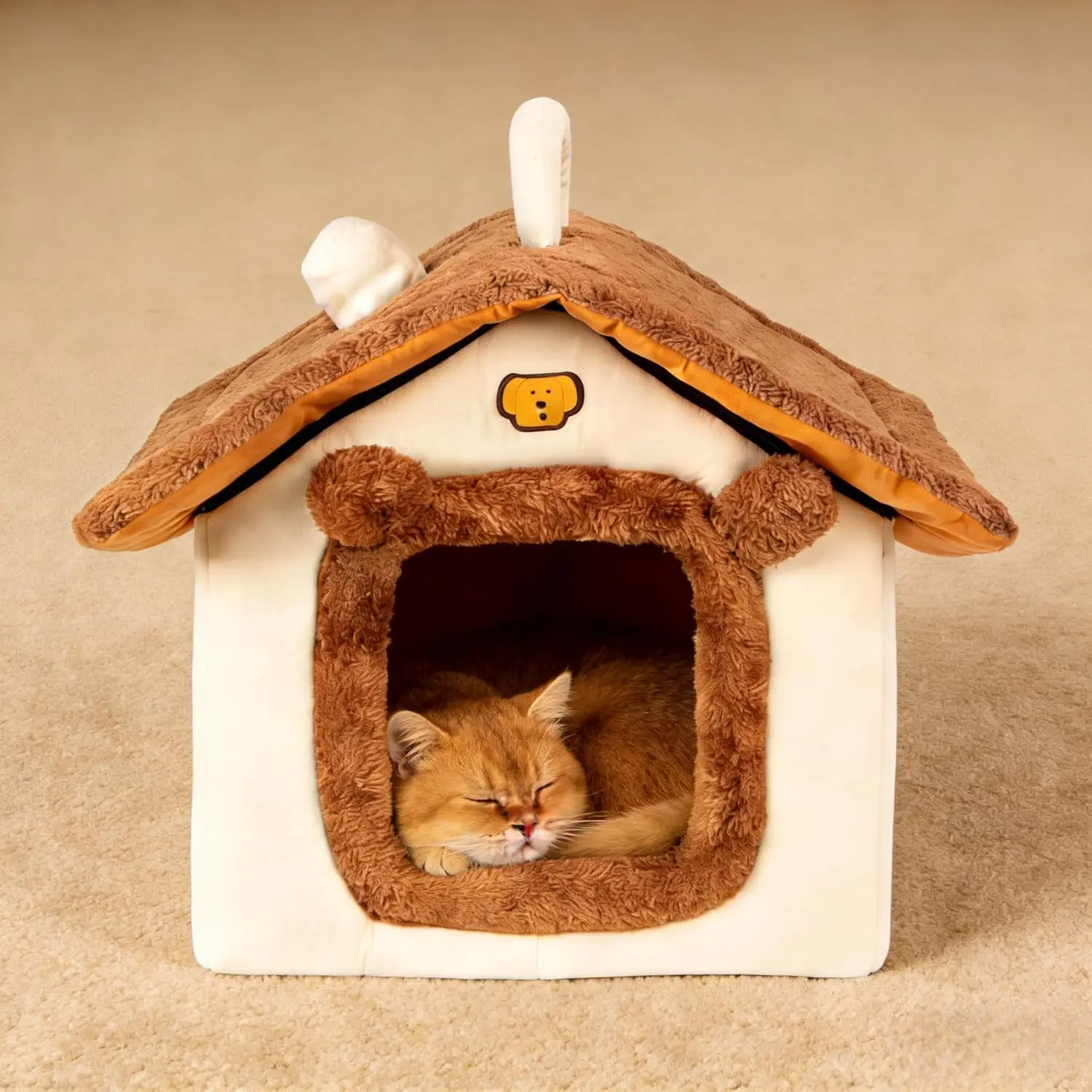 Cat Bed Indoor Cats, Cartoon Pattern Cat Cave Bed with Handle Design, Soft Cat Hideaway Indoor, Lovely Cat House Kitten, Puppy & Small Pets (M)
