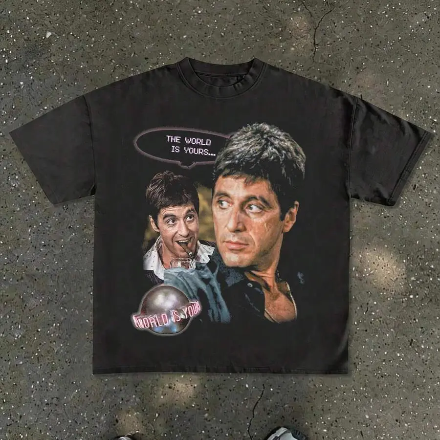 Soft Loose Fit Unisex Short Sleeve T-shirt Classic Montana Scarface Dual Portrait Neon Bubble Text Globe Crew Neck Casual Fashion Top For Outdoor Picnic Road Trip Daily Skate Outfit Men Women