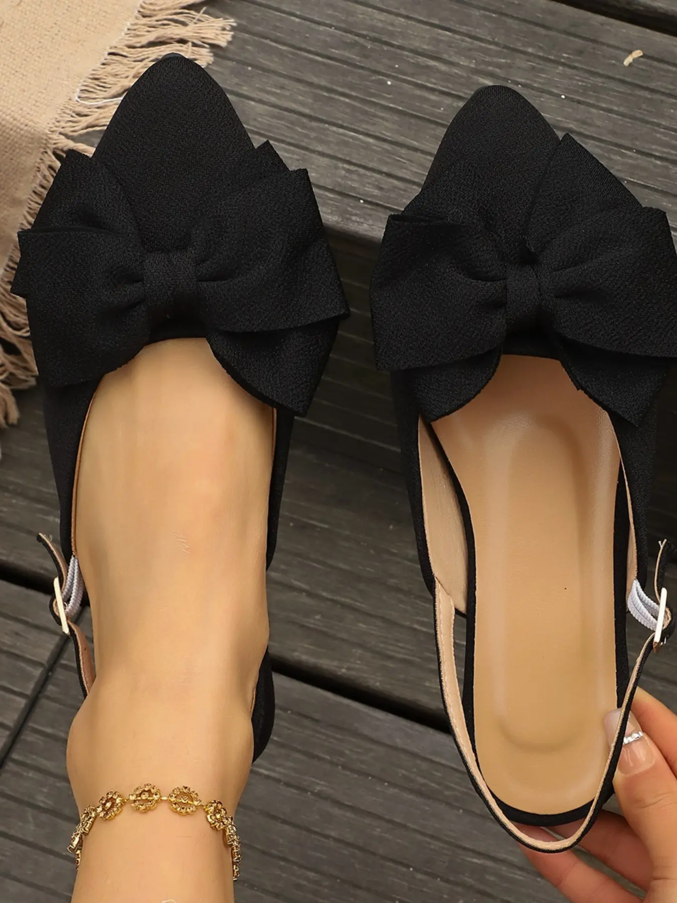 Women Cute Flats Minimalist Large Bow Decor Pointed Toe Stretch Slingback Flat Pumps, Lightweight Backless Summer Sandals, Weekend Travel Street Holiday Wear, 3 Colors Black Red Beige