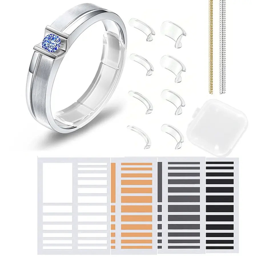 Ring Size Adjustment Kit, 8 Sizes Transparent Ring Adjuster with Storage Box, 4 Non-Slip Pads, Adjustable Invisible Coil, Unisex