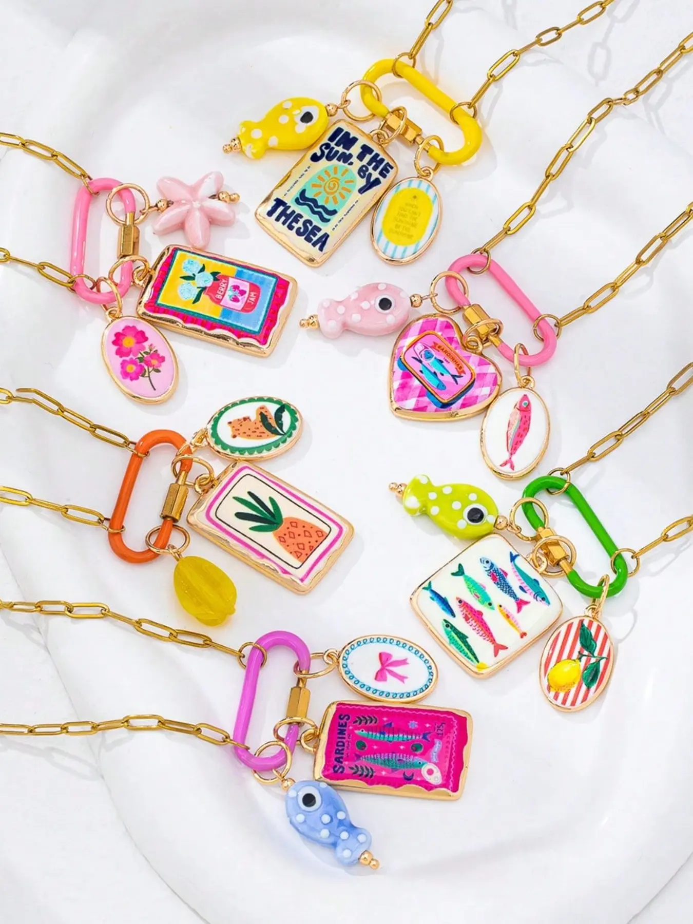 6PC Colorful Enamel Carabiner Fashion Necklace, Assorted Necklaces, Tropical Sardine Starfish Lemon Fruit Charms, Stainless Steel Chain with Detachable Pendants