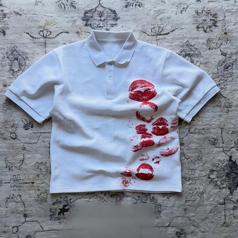 Y2K Polo Shirt Harajuku Graphic Print Rock Goth Oversized Short Sleeve T-Shirt Hip Hop Button-Down Collar Shirt Punk Casual Tee