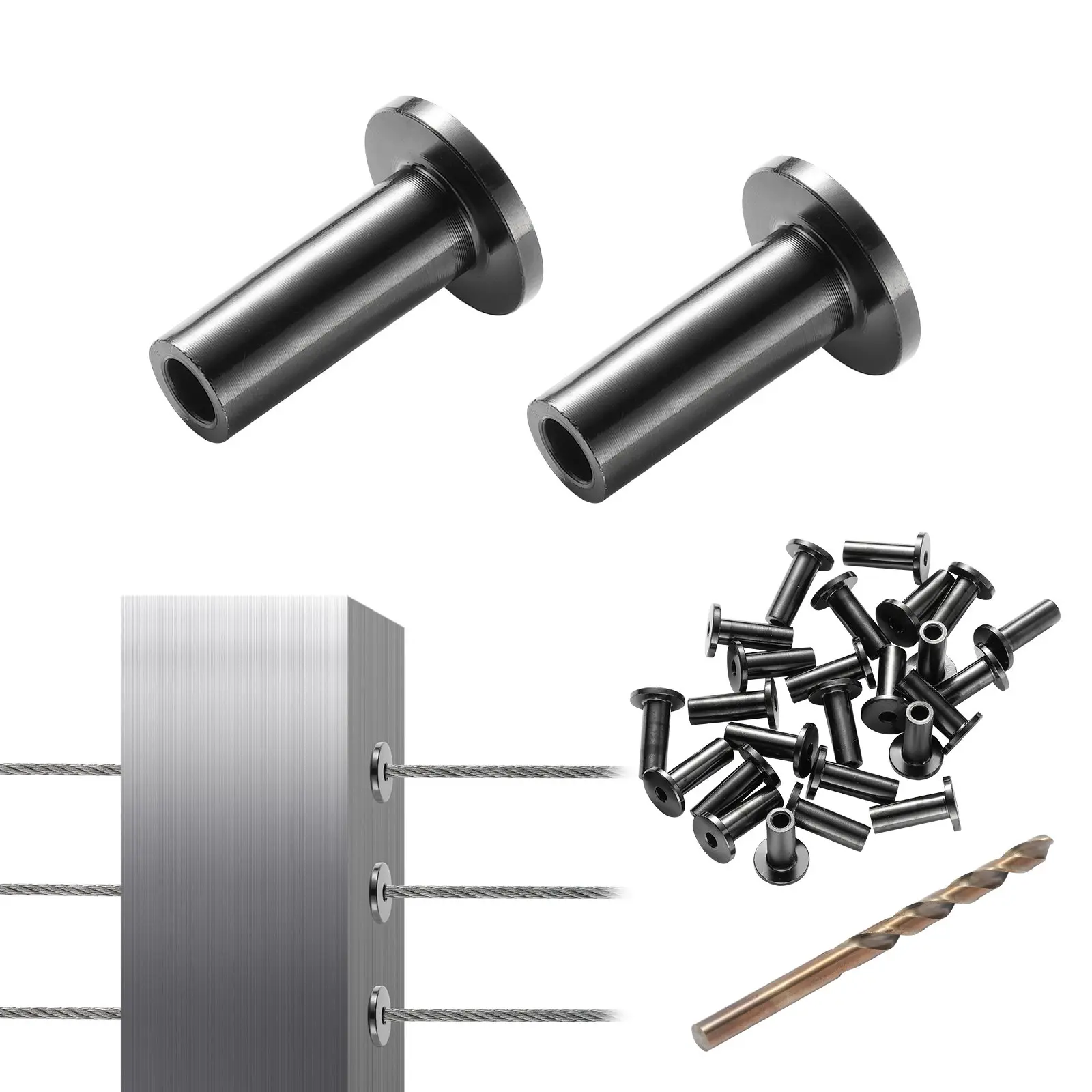VEVOR 101-Pack T316 SS Cable Covers Kit for 1/8 inch Wire Rope Cable Railing, 0.25-0.27 inches Water Resistant Outdoor Protector Sleeves, Includes Free Drill Bit, Black for Renovation, DIY Users