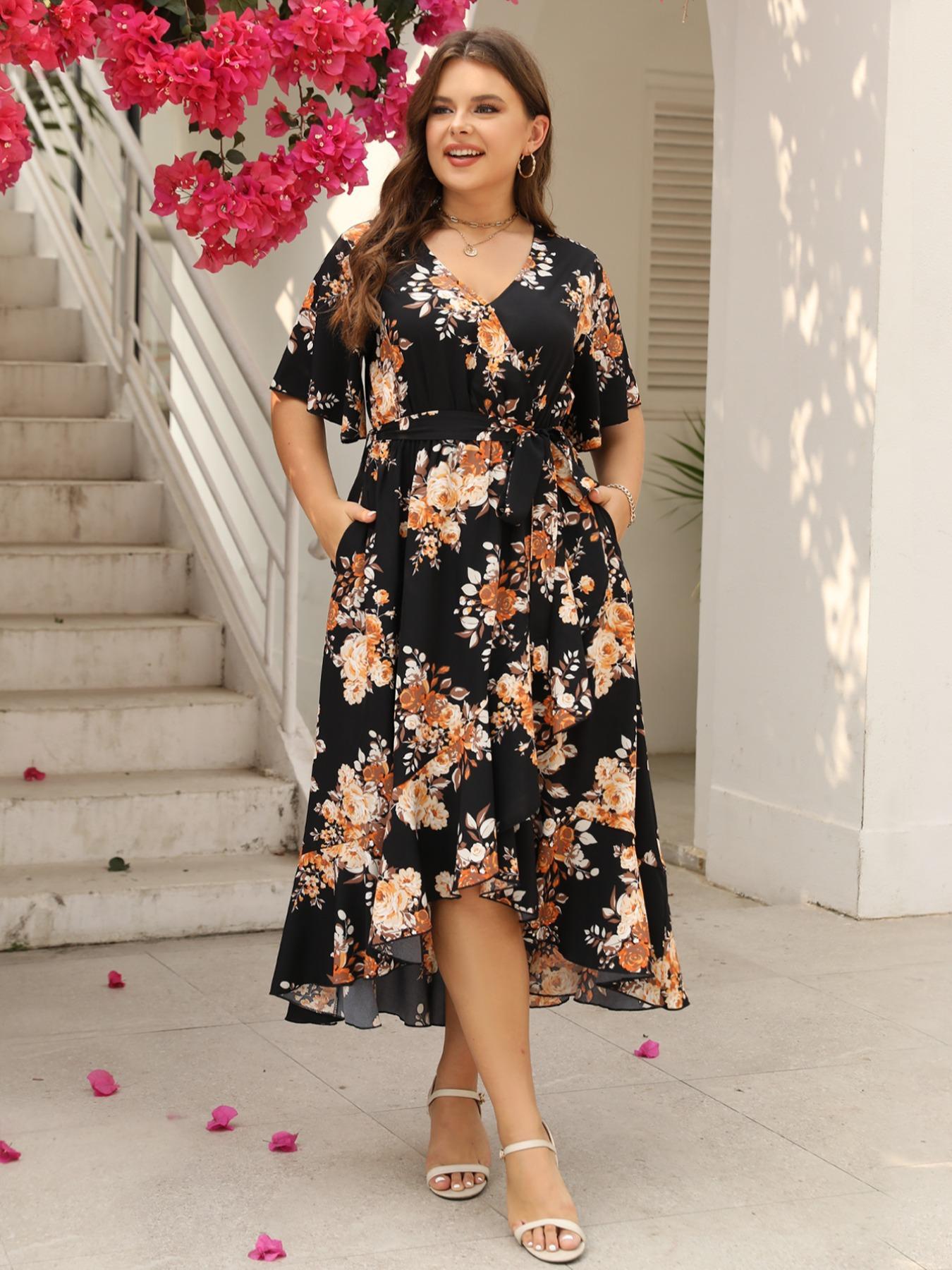 Plus Size Floral Print Ruffle Hem Belted Wrap A Line Dress, Boho Butterfly Sleeve V Neck High Low Midi Dress, Women Casual Clothing for Spring & Fall