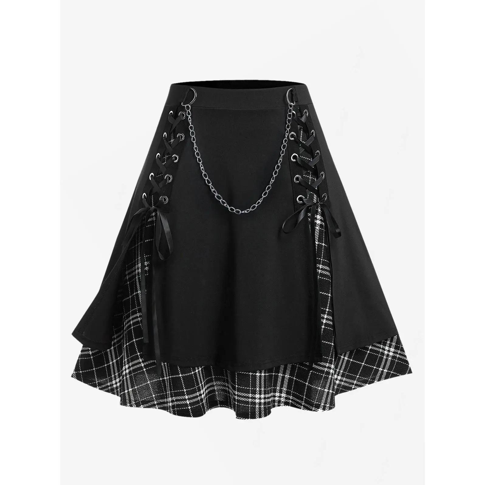 ROSEGAL Plus Size Women's Gothic Skirt - Oversized, Elastic, Casual Plain, Chain Detail, High Waisted, Stitching Plaid, Pleated Layered, Lace Up Skirts (2XL, 3XL, 4XL, 5XL), Knee Length, Refer To Size Chart