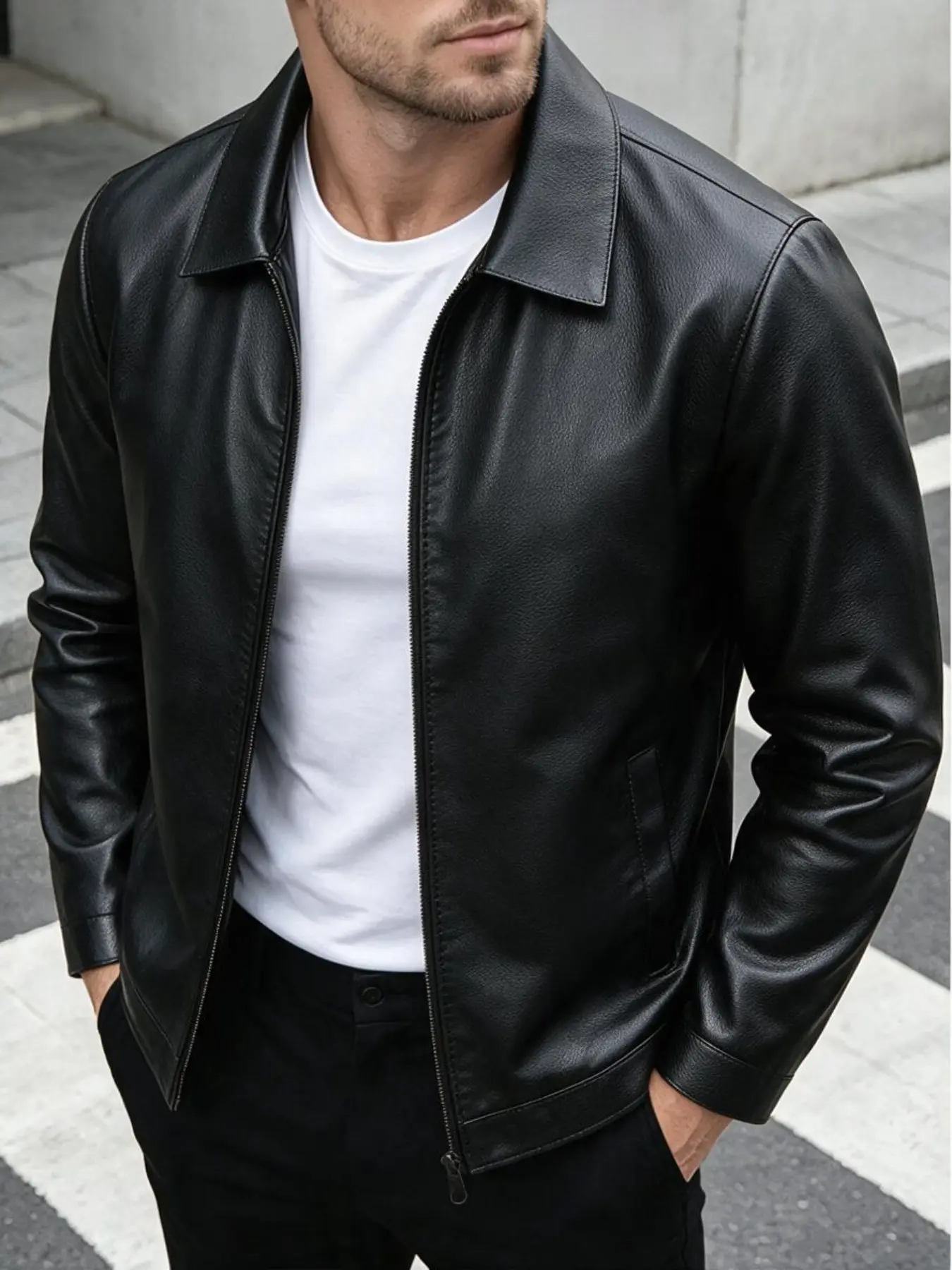 Men's Simple Lapel Full Zip Vegan Jacket, Lychee Texture Fabric, Dual Side Pockets, Smooth Lining, Business Casual Spring Fall Outerwear