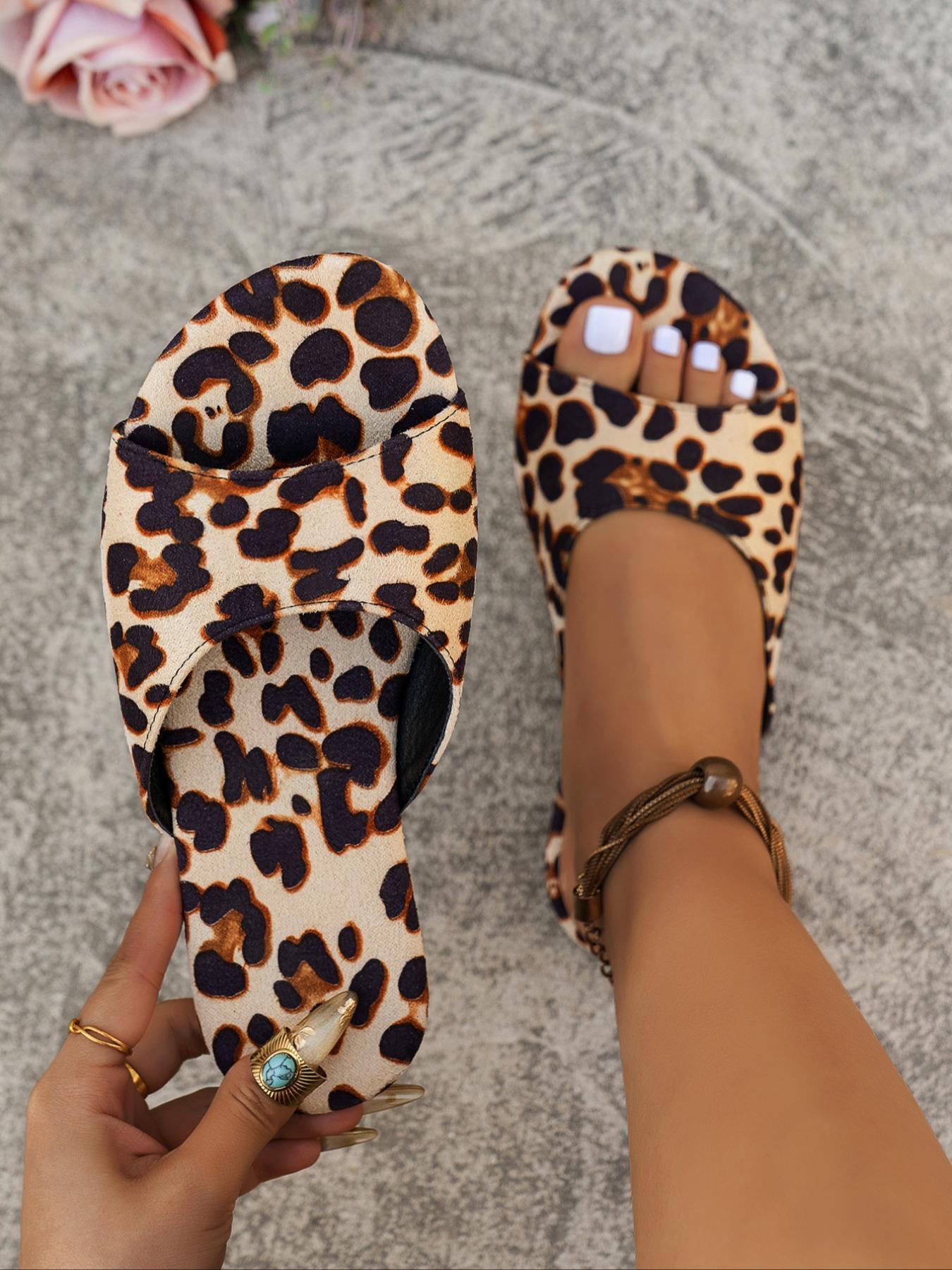 Women's Fashion Leopard Print Flat Sandals Ethnic Style Sandals Casual Comfortable Open Toe Slide Sandals for Summer, Female All-match Shoes for Daily Wear