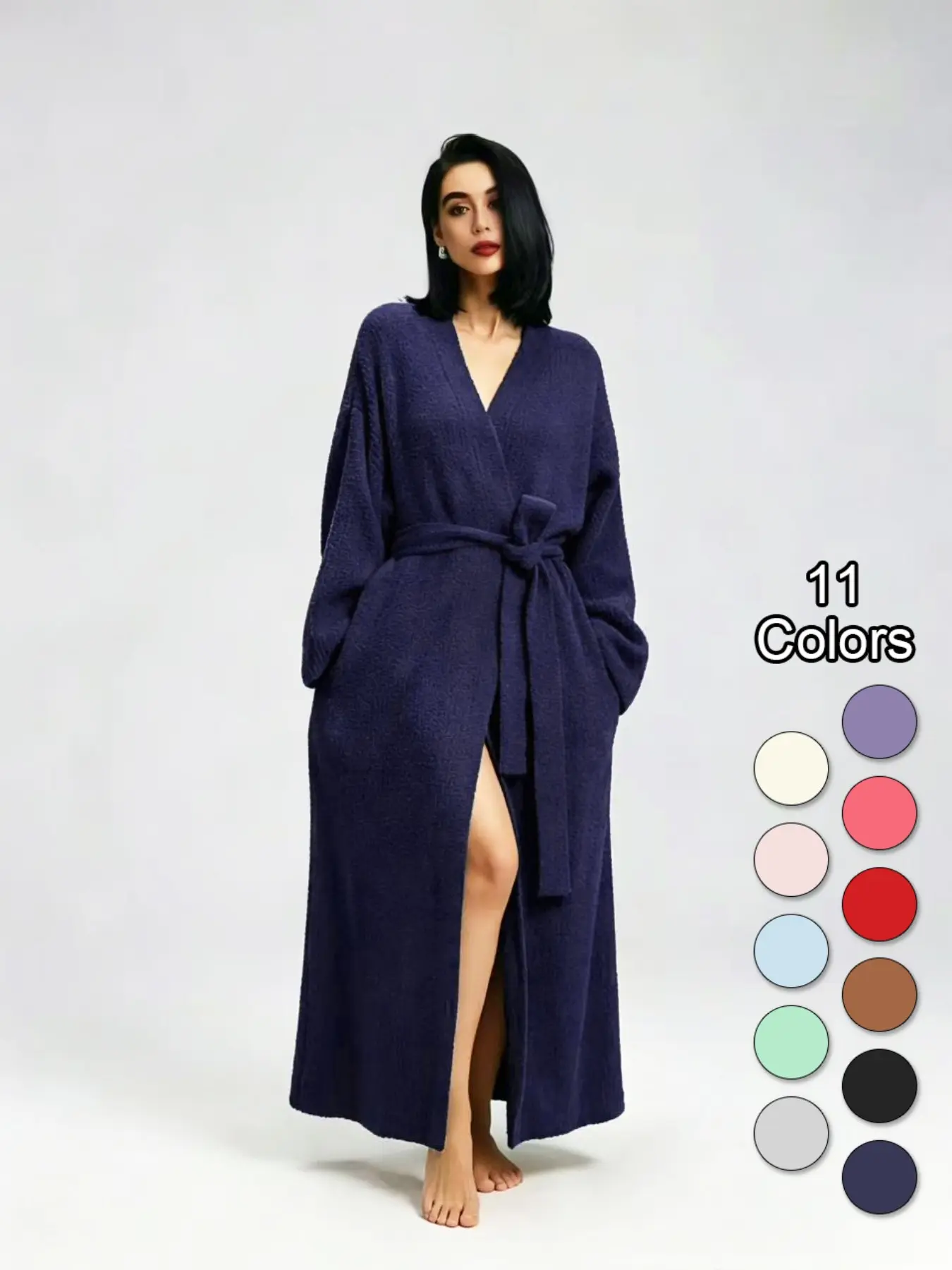 【COZY Soft Plush Feel】Women's Solid Color Thickened  Thermal Lined Long Sleeve Drop Shoulder Bathrobe, Loose Casual Soft Comfortable Thermal Warm Pocket Belted V Neck Dressing Gown for Women, Ladies Sleepwear for Winter