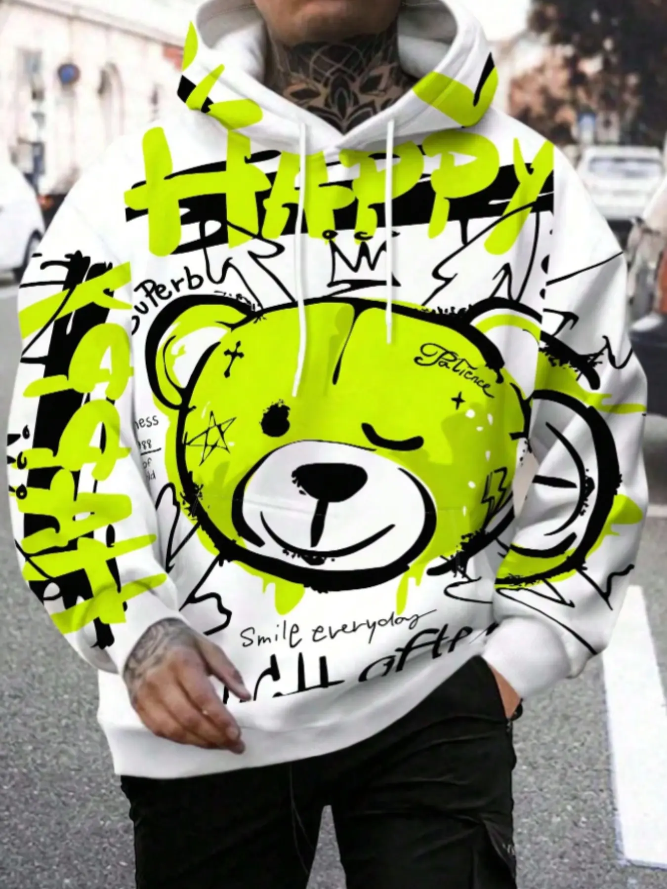 Men's 3D Happy Bear Print Long Sleeve Drawstring Hoodie, Casual Slim-Fitting Sweatshirt for Spring & Fall, Unlined Non-Outer Vest