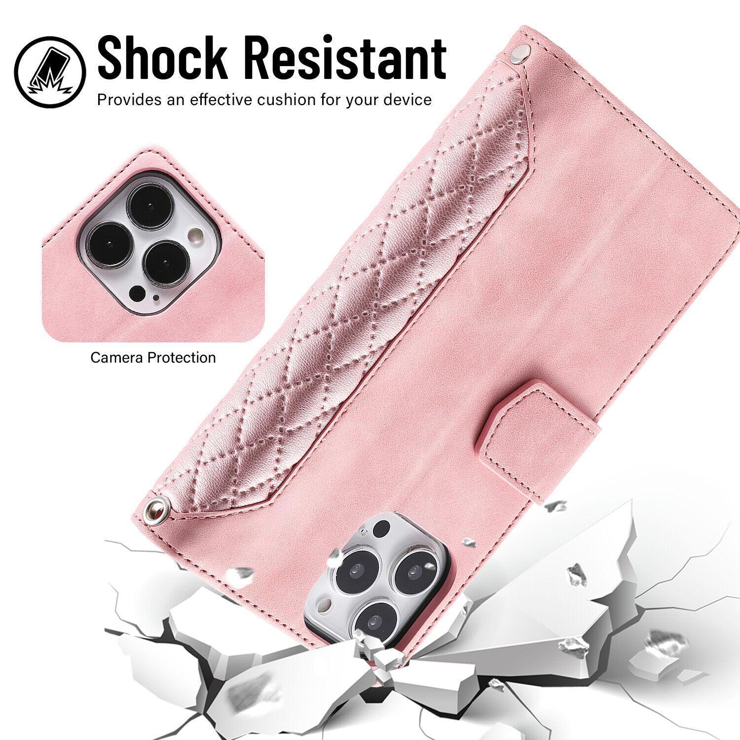 Crossbody Wallet Case For iPhone 17 16 Pro Max 15 14 Plus 13 12 Leather Phone Case with Card Holder Kickstand & Wrist Strap Cover Magnetic Closure Flip Handbag Zipper Purse Shell for Women