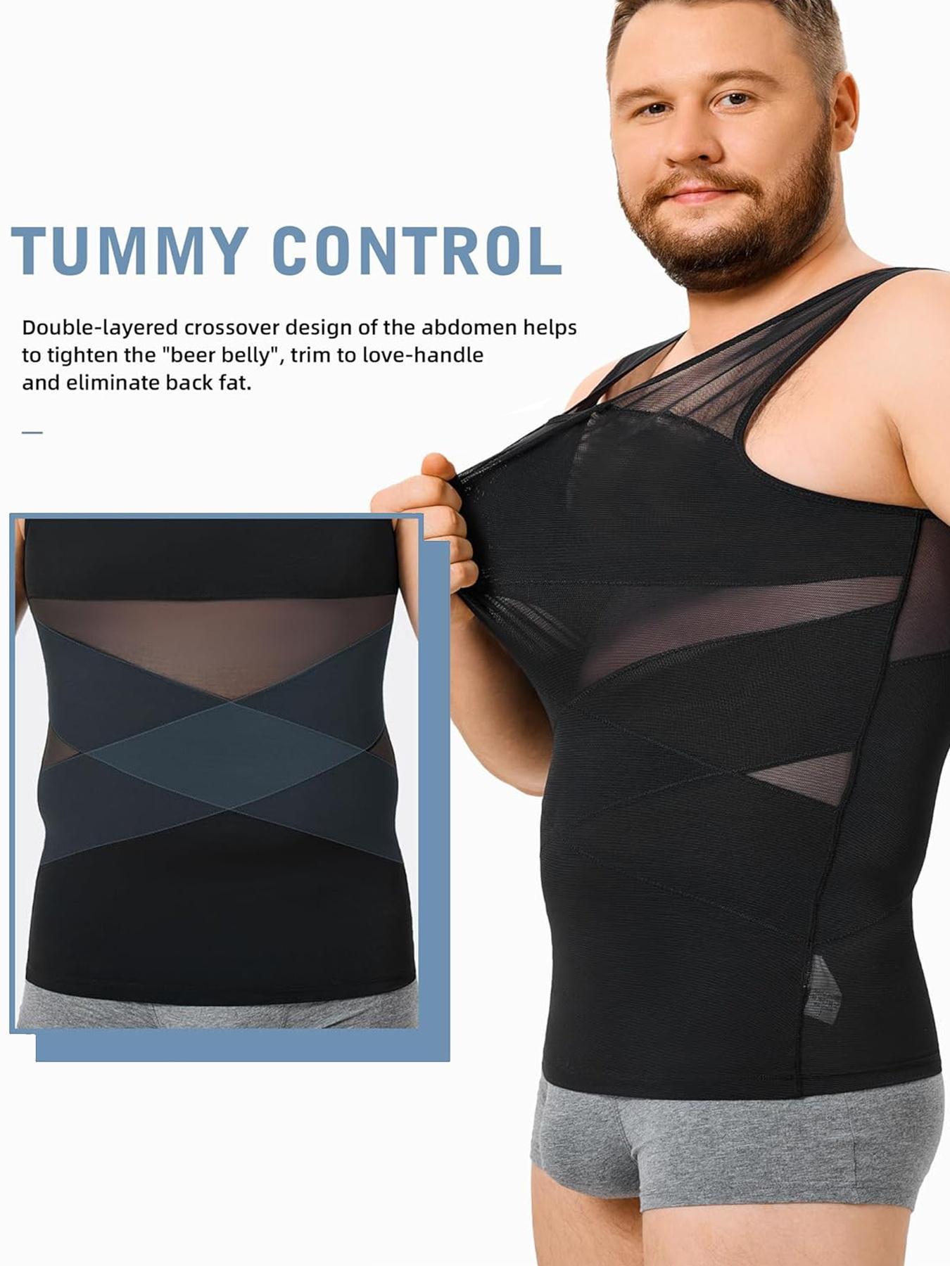 Plus Size Men's Solid Sheer Back Support Tank Top, Breathable Comfortable Tummy Control Shaper Vest, Men's Shapewear for Daily Wear
